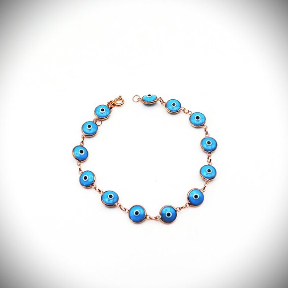 SAVVY CIE JEWELRY Sterling Silver Rose Gold Plated Blue Enamel Evil Eye Bracelet - Picture 2 of 5